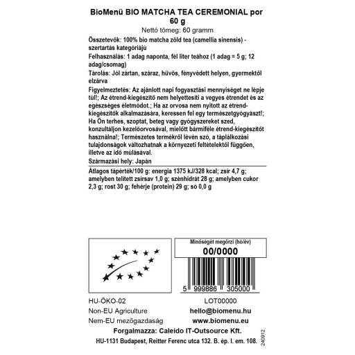 BioMenü bio Matcha Ceai pudră ceremonial 60 g etichetă cu date