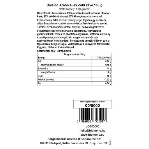 Caleido Cafea Arabica si Cafea Verde 100 g etichetă cu date