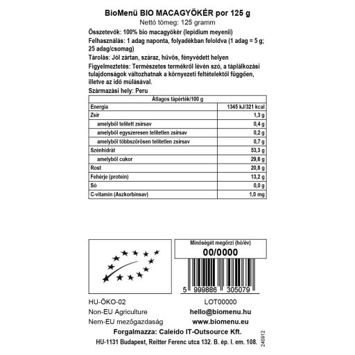 BioMenü bio Maca rădăcină pudră 125 g etichetă cu date