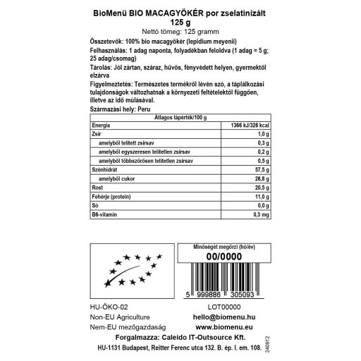 BioMenü bio Maca rădăcină pudră gelatinizată 125 g etichetă cu date