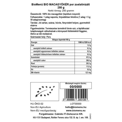 BioMenü bio Maca rădăcină pudră gelatinizată 250 g etichetă cu date