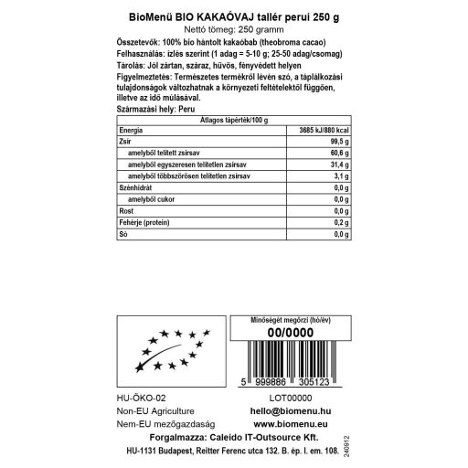 BioMenü bio taler de Unt de Cacao Peru 250 g etichetă cu date