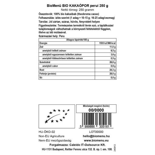 BioMenü bio pudră de Cacao Peru 250 g etichetă cu date