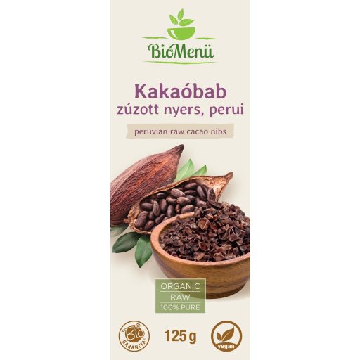 BioMenü bio Cacao boabe Peru zdrobit, crud 125 g etichetă