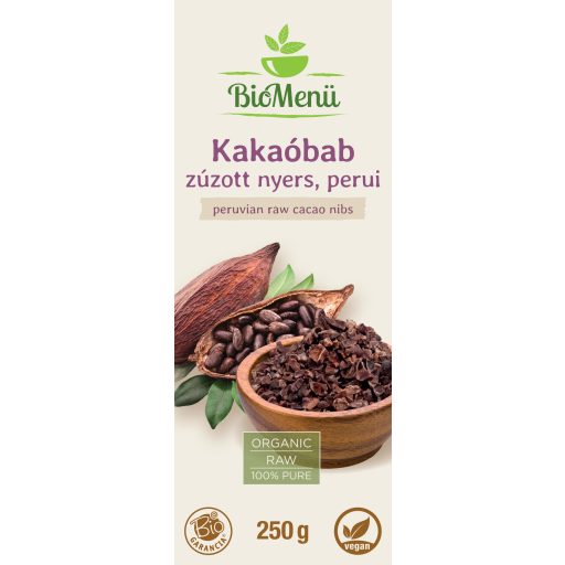 BioMenü bio Cacao boabe Peru zdrobit, crud 250 g etichetă