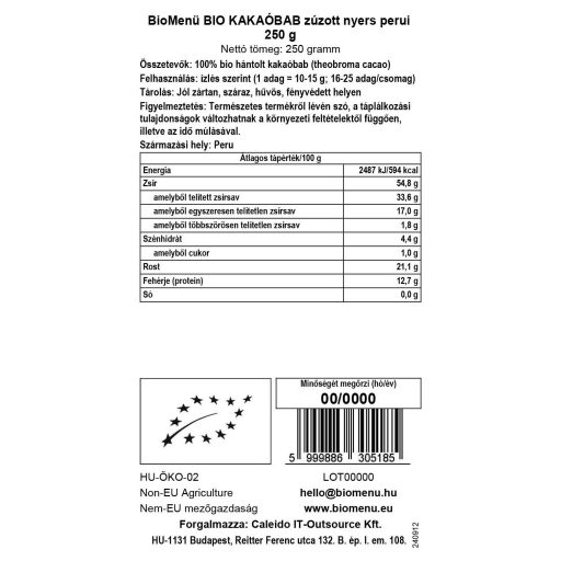 BioMenü bio Cacao boabe Peru zdrobit, crud 250 g etichetă cu date