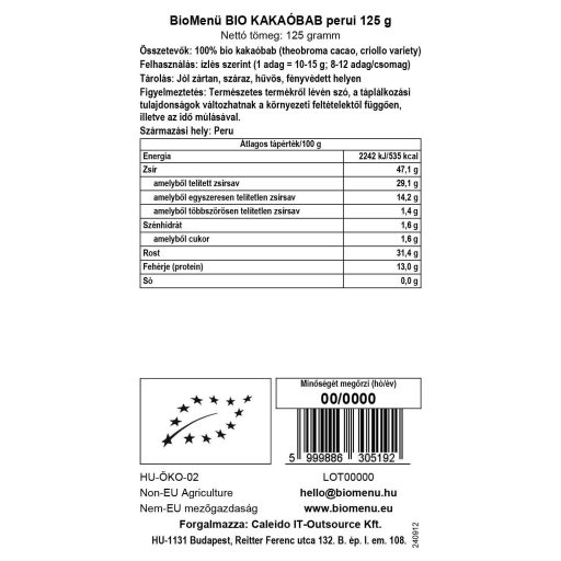 BioMenü bio Cacao boabe Peru 125 g etichetă cu date