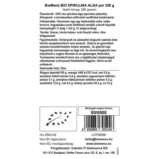 BioMenü bio Spirulina Alga pudră 125 g etichetă cu date