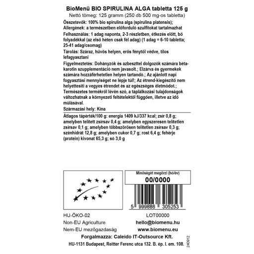 BioMenü bio Spirulina Alga comprimat 125 g etichetă cu date