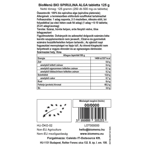 BioMenü Bio SPIRULINA ALGĂ tablete 125 g etichetă cu date