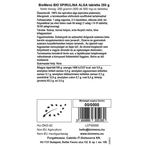 BioMenü bio Spirulina Alga comprimat 250 g etichetă cu date
