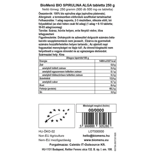 BioMenü Bio SPIRULINA ALGĂ tablete 250 g etichetă cu date