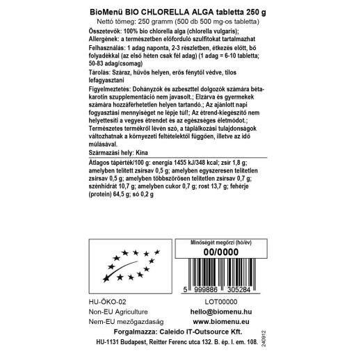 BioMenü bio Chlorella Alga comprimat 250 g etichetă cu date