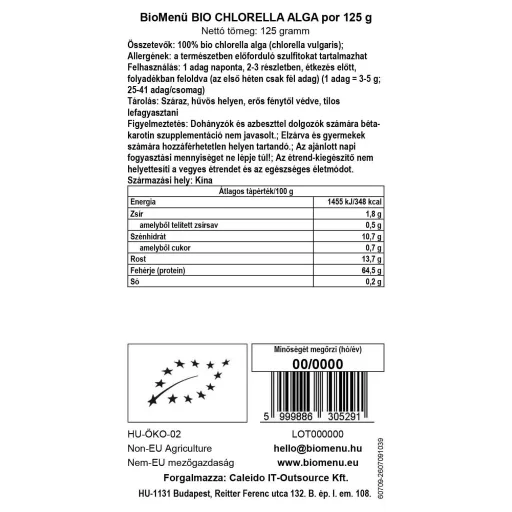 BioMenü bio Chlorella Alga pudră 125 g etichetă cu date