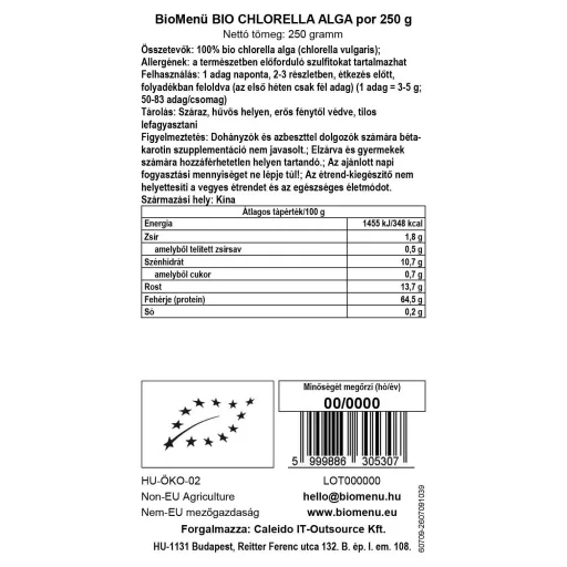 BioMenü bio Chlorella Alga pudră 250 g etichetă cu date
