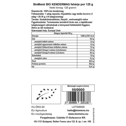 BioMenü bio Seminte de Cânepă proteină pudră 125 g etichetă cu date