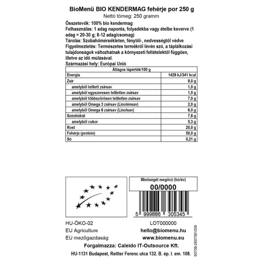 BioMenü bio Seminte de Cânepă proteină pudră 250 g etichetă cu date