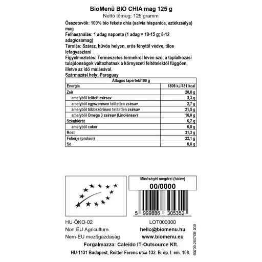 BioMenü bio Seminte de Chia 125 g etichetă cu date