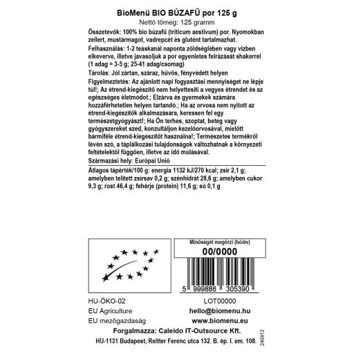 BioMenü bio Iarba de Grau pudră 125 g etichetă cu date