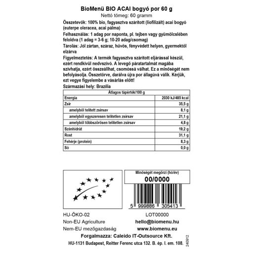 BioMenü bio Acai pudră 60 g etichetă cu date