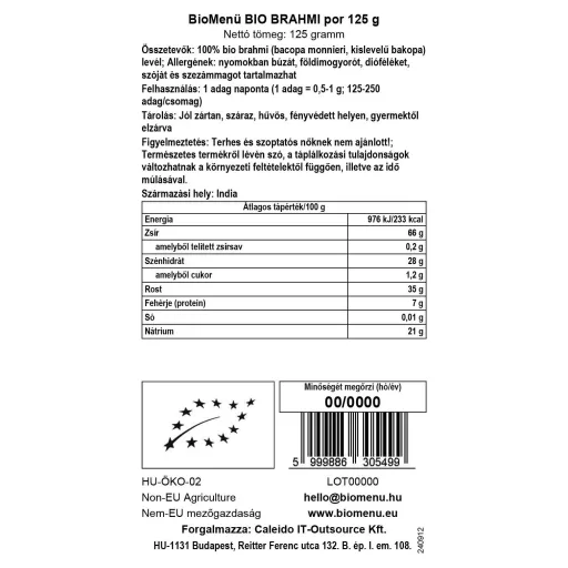 BioMenü bio Brahmi pudră 125 g etichetă cu date