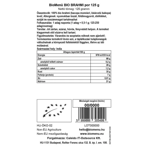 BioMenü bio Brahmi pudră 125 g etichetă cu date