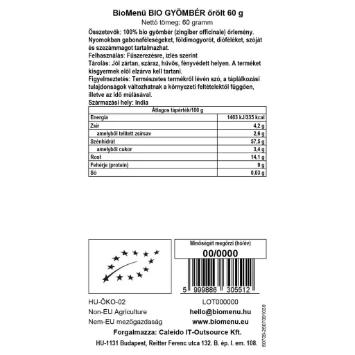 BioMenü Bio GHIMBIR măcinat 60 g etichetă cu date