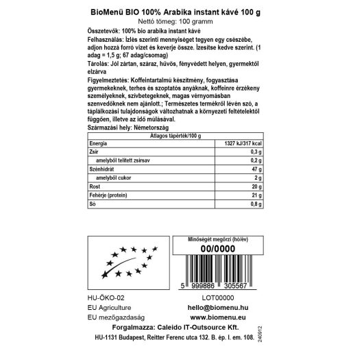 BioMenü bio 100% Cafea instant Arabica 100 g etichetă cu date