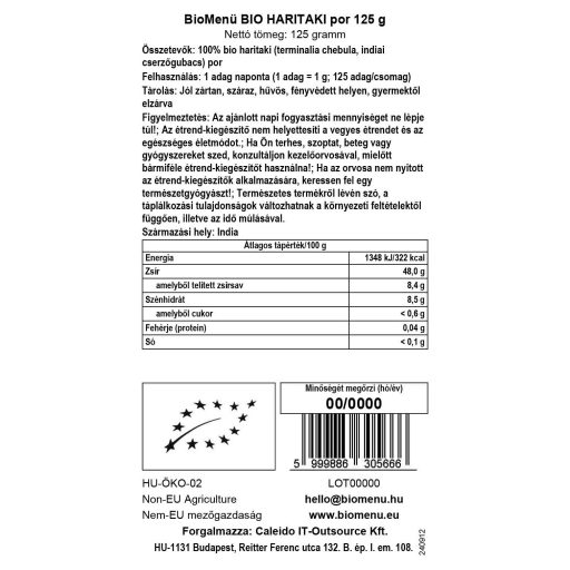 BioMenü Bio Haritaki pudră 125 g etichetă cu date