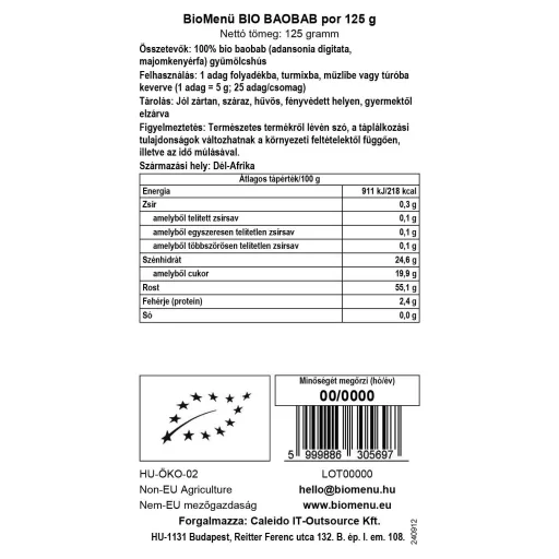 BioMenü bio Baobab pudră 125 g etichetă cu date