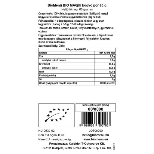 BioMenü bio Maqui pudră 60 g etichetă cu date