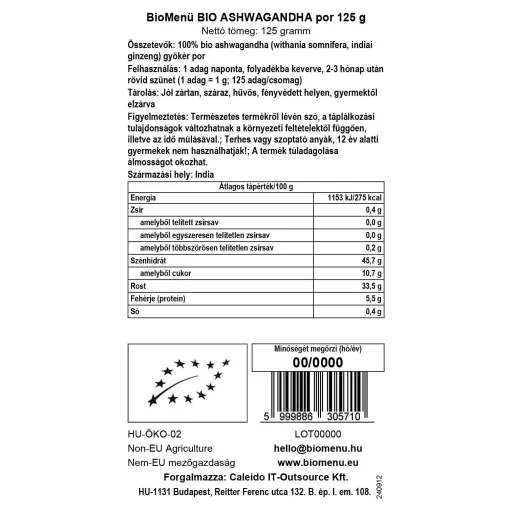 BioMenü bio Ashwagandha pudră 125 g etichetă cu date