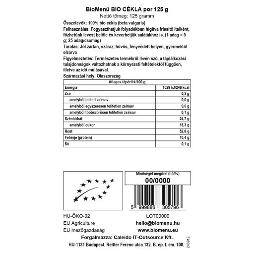 BioMenü bio Sfeclă pudră 125 g etichetă cu date