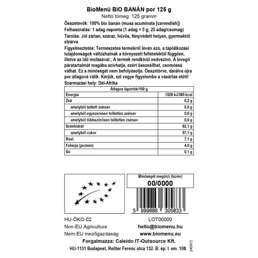 BioMenü bio Banana pudră 125 g etichetă cu date
