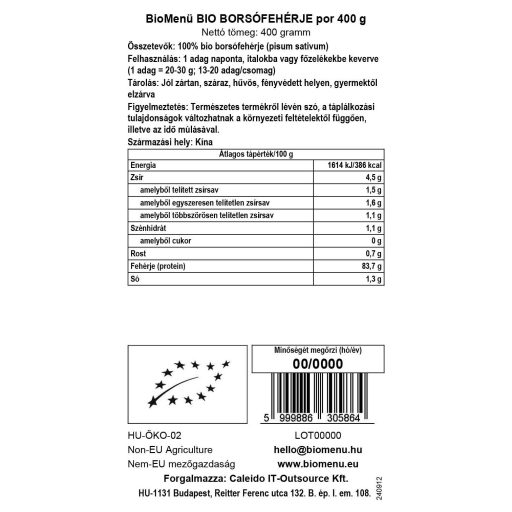 BioMenü bio Proteină din Mazăre pudră 400 g etichetă cu date