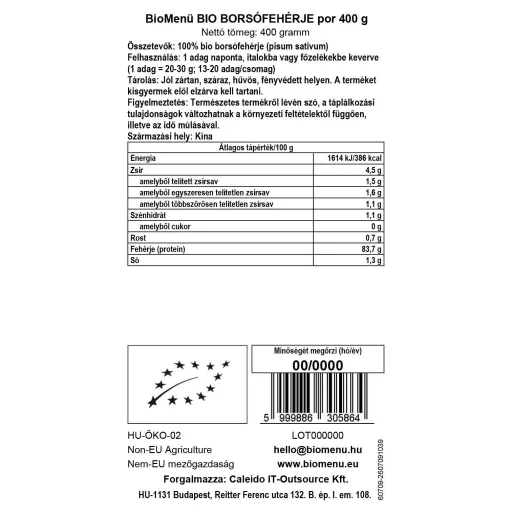 BioMenü bio Proteină din Mazăre pudră 400 g etichetă cu date