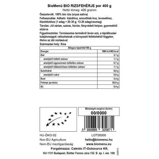 BioMenü bio Proteină de Orez pudră 400 g etichetă cu date