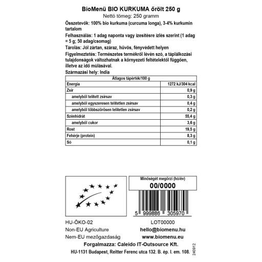 BioMenü bio Turmeric (Curcuma) macinat 250 g etichetă cu date