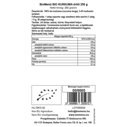 BioMenü bio Turmeric (Curcuma) macinat 250 g etichetă cu date