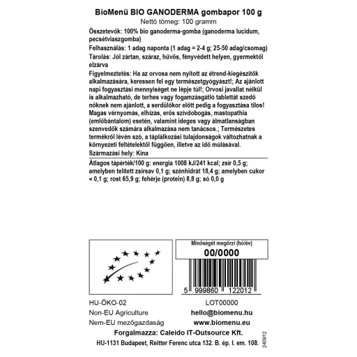 BioMenü bio Ganoderma pudră 100 g etichetă cu date