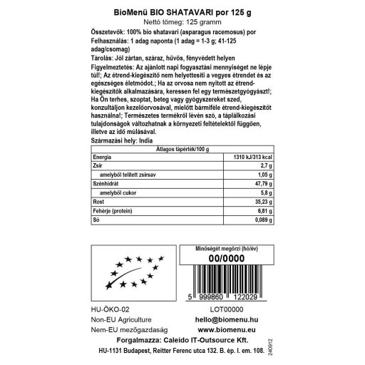 BioMenü bio Shatavari pudră 125 g etichetă cu date
