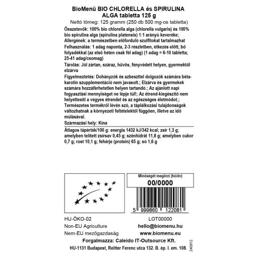 BioMenü bio Chlorella si Spirulina Alga comprimat 125 g etichetă cu date