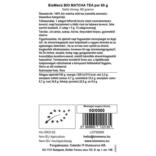 BioMenü bio Matcha Ceai pudră 60 g etichetă cu date