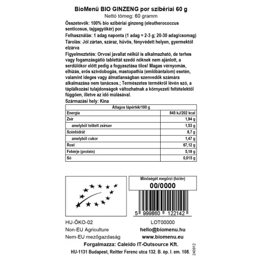 BioMenü bio Ginsengul siberian pudră 60 g etichetă cu date