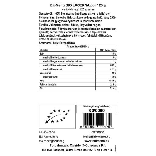 BioMenü bio Lucerna pudră 125 g etichetă cu date