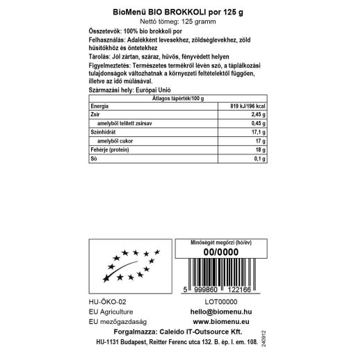 BioMenü bio Broccoli pudră 125 g etichetă cu date