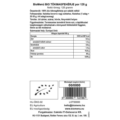 BioMenü bio Proteină de Seminte de Dovleac pudră 125 g etichetă cu date