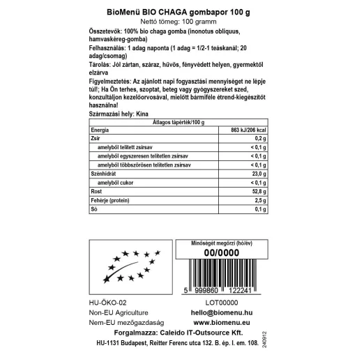 BioMenü bio Chaga ciupercă pudră 100 g etichetă cu date