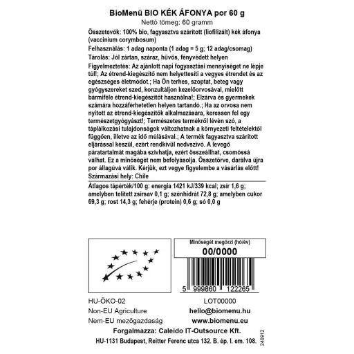 BioMenü bio Afine Albastru pudră 60 g etichetă cu date