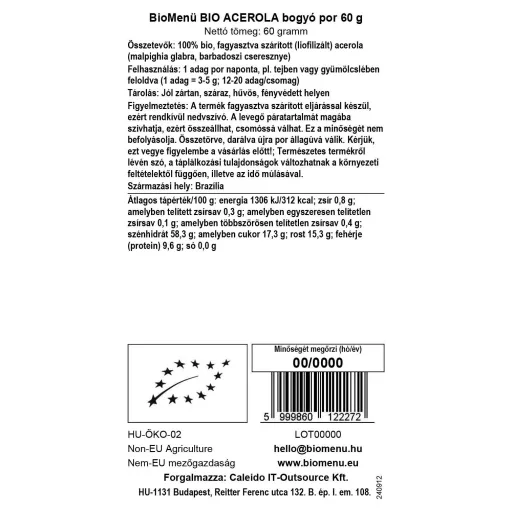 BioMenü bio Acerola pudră 60 g etichetă cu date